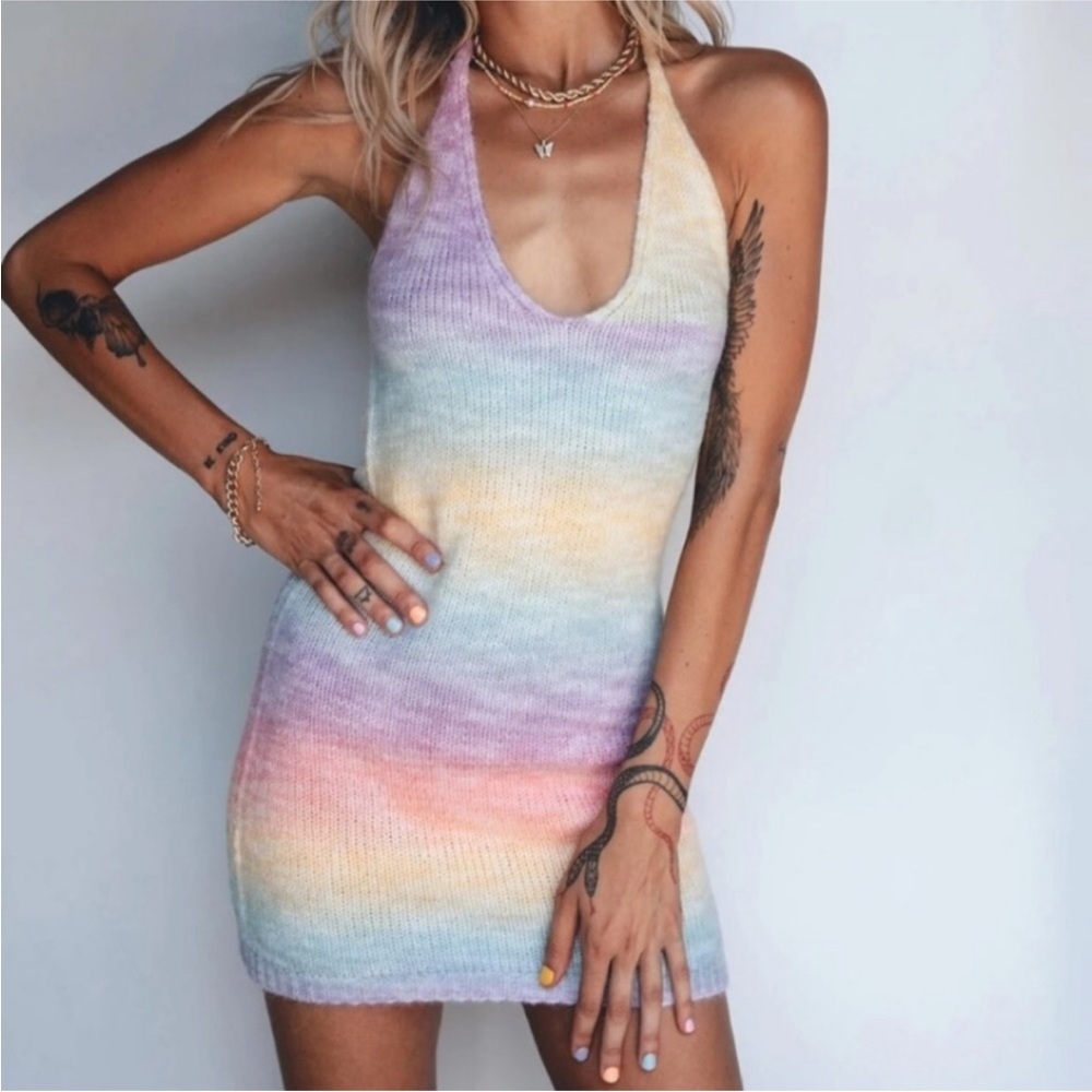 A5 - 269 PRINCESS POLLY Rainbow Pastel Blair Halter Sweater Knit Mini Dress S/M
